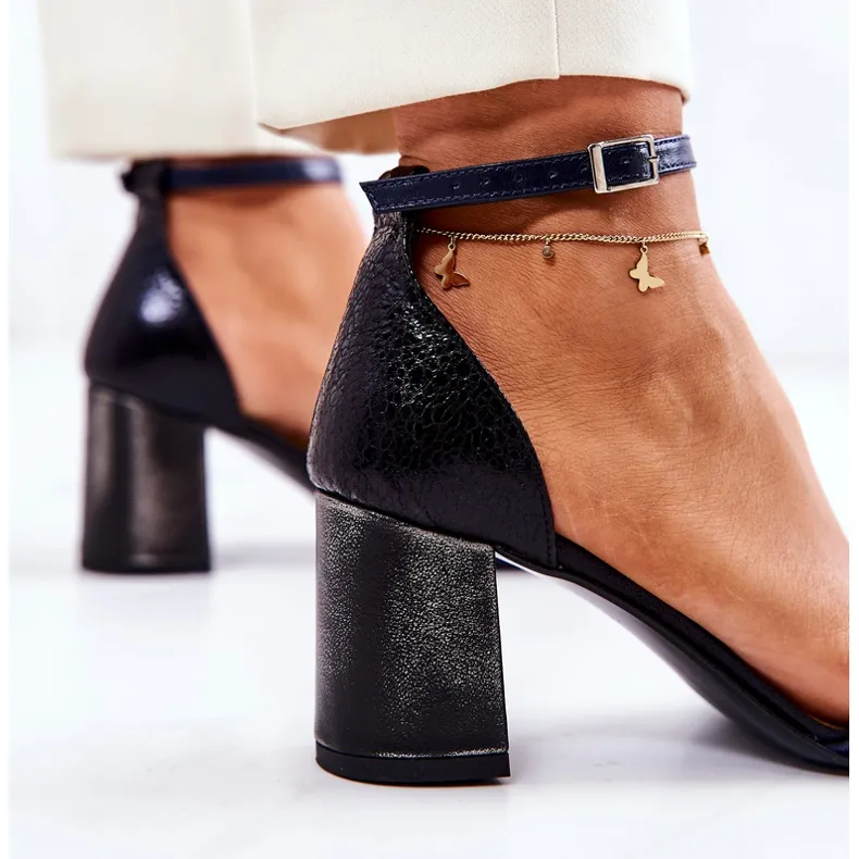 Black and Navy Blue Leather Sandals with Bar Style - PA2 Lorene