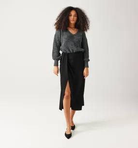 Black draped midi skirt for women.