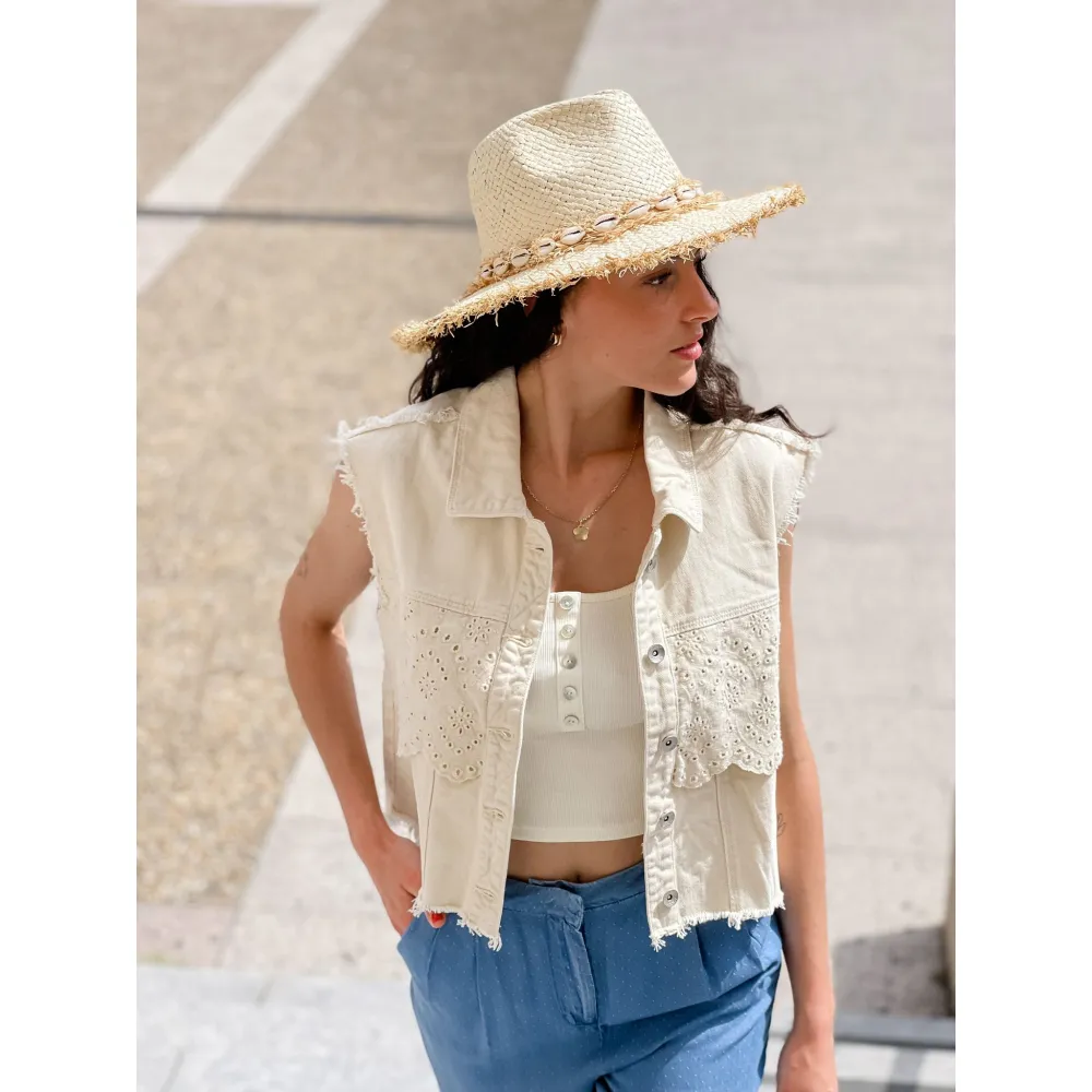 Bohemian straw hats with seashells.