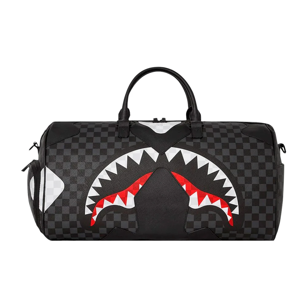 Coated canvas duffle bag with shark print.
