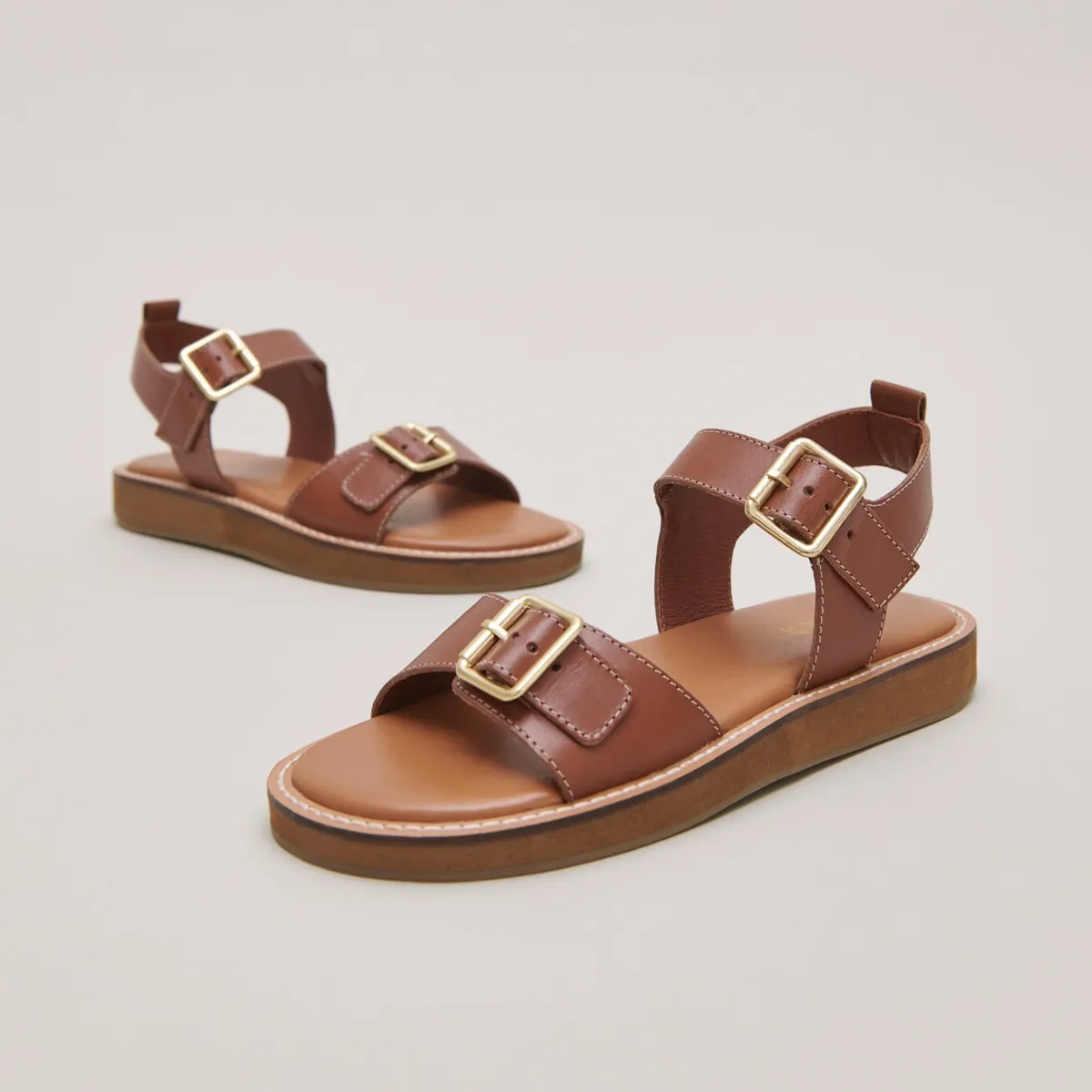 Cognac Leather Buckle Strap Sandals for Women by Jonak