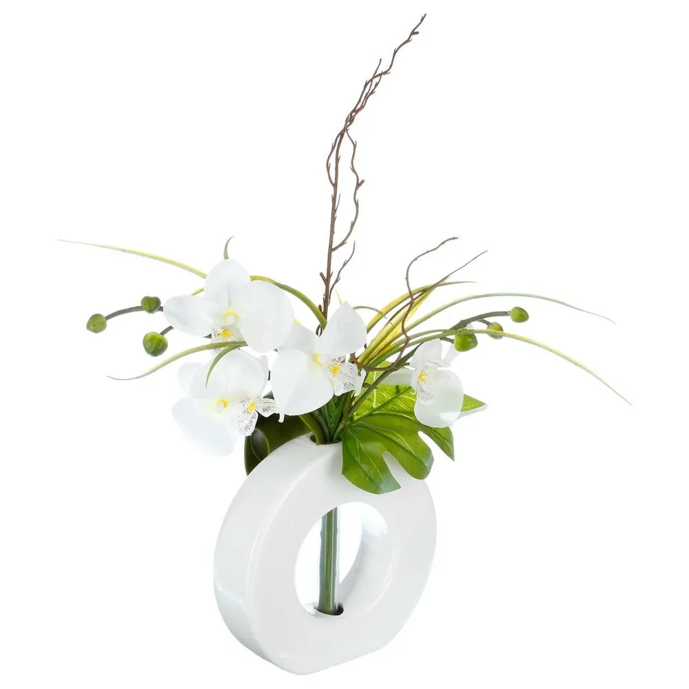 Composition florale artificielle d'orchidées avec vase céramique h 44 cm