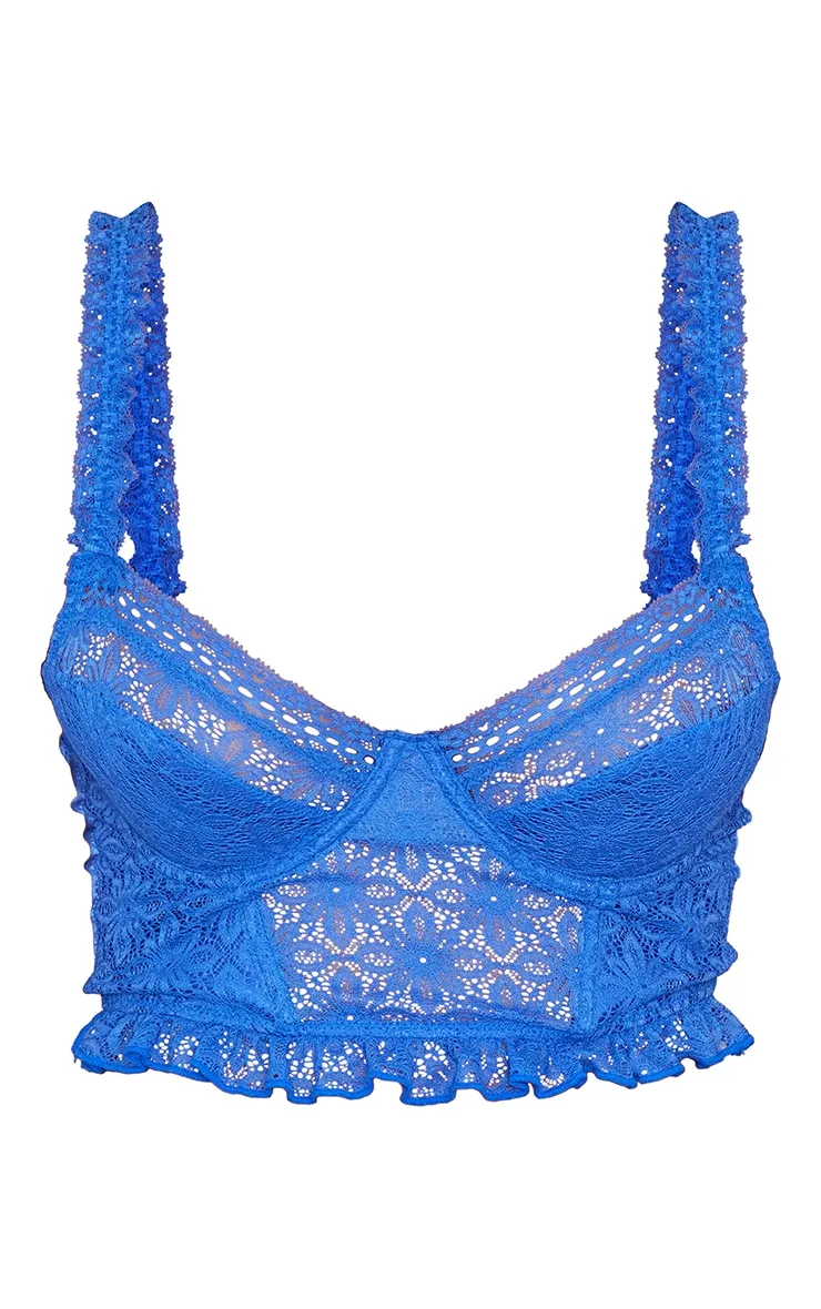 Corset court bleu vif en dentelle à détail agrafes et oeillets