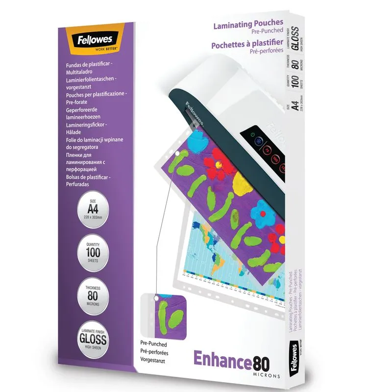 Fellowes - 100 pochettes de plastification A4 (216 x 303 mm) - 80 microns - brillantes pré-perforées