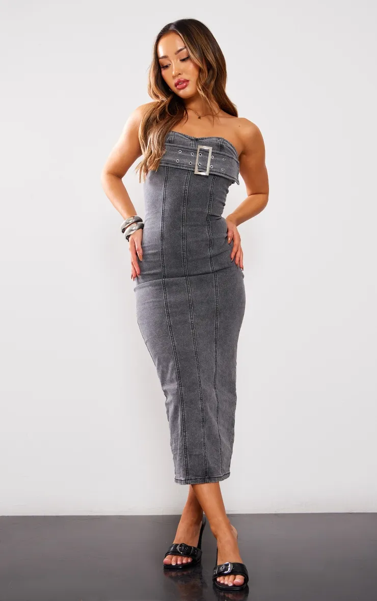 Gray anthracite denim bustier long dress with buckle detail