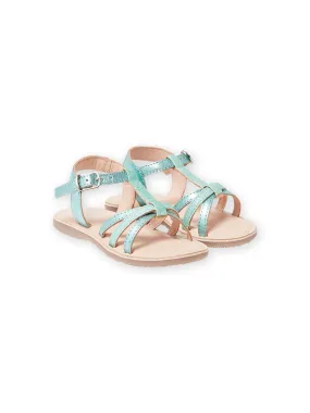 Green Iridescent Leather Sandals with Glitter Straps for Girls
