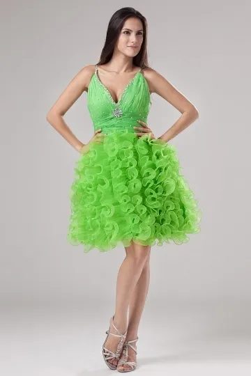 Green V-Neck Party Dress with Floral Skirt