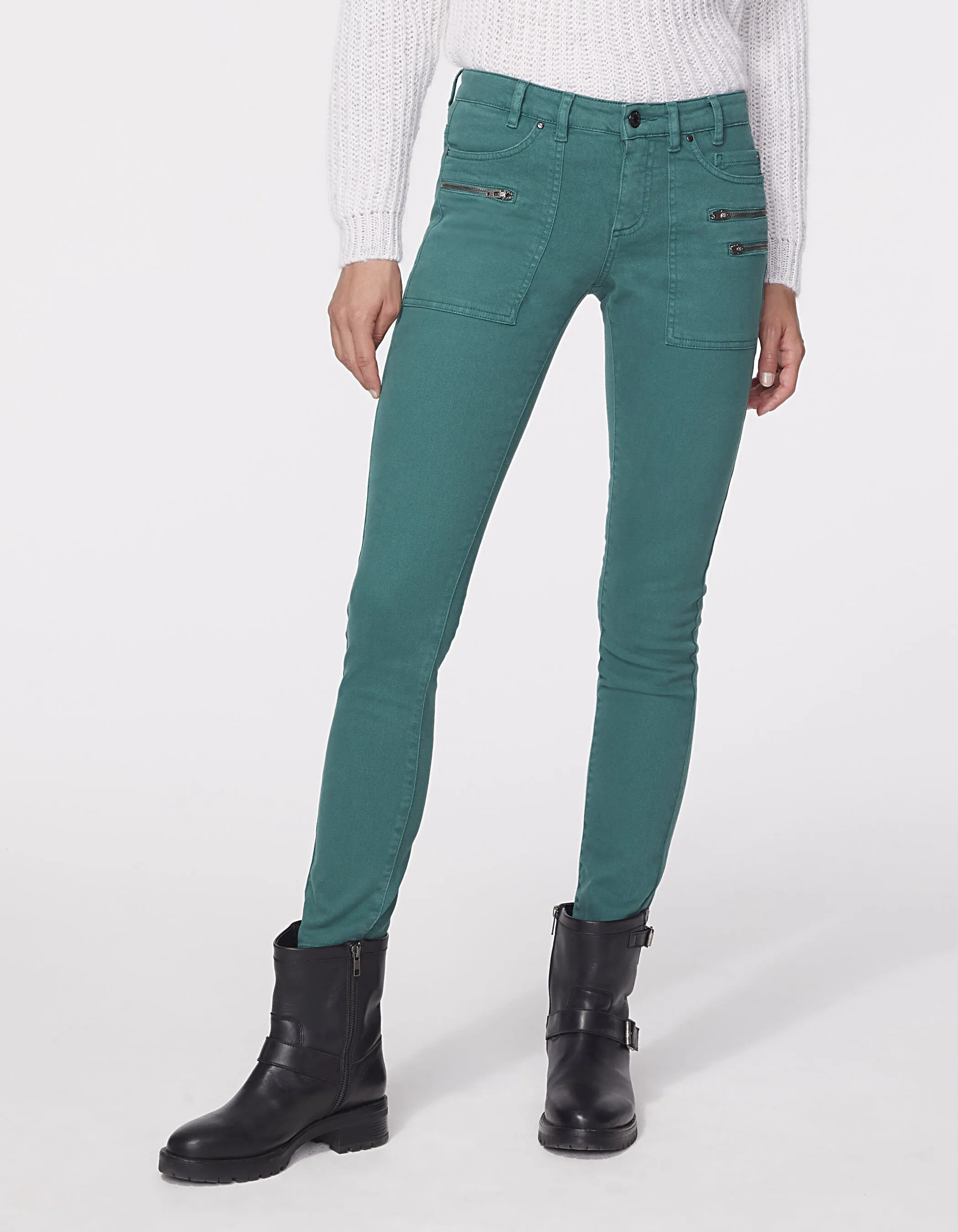 Jean slim vert 7/8 ème poches plaquées zippées femme