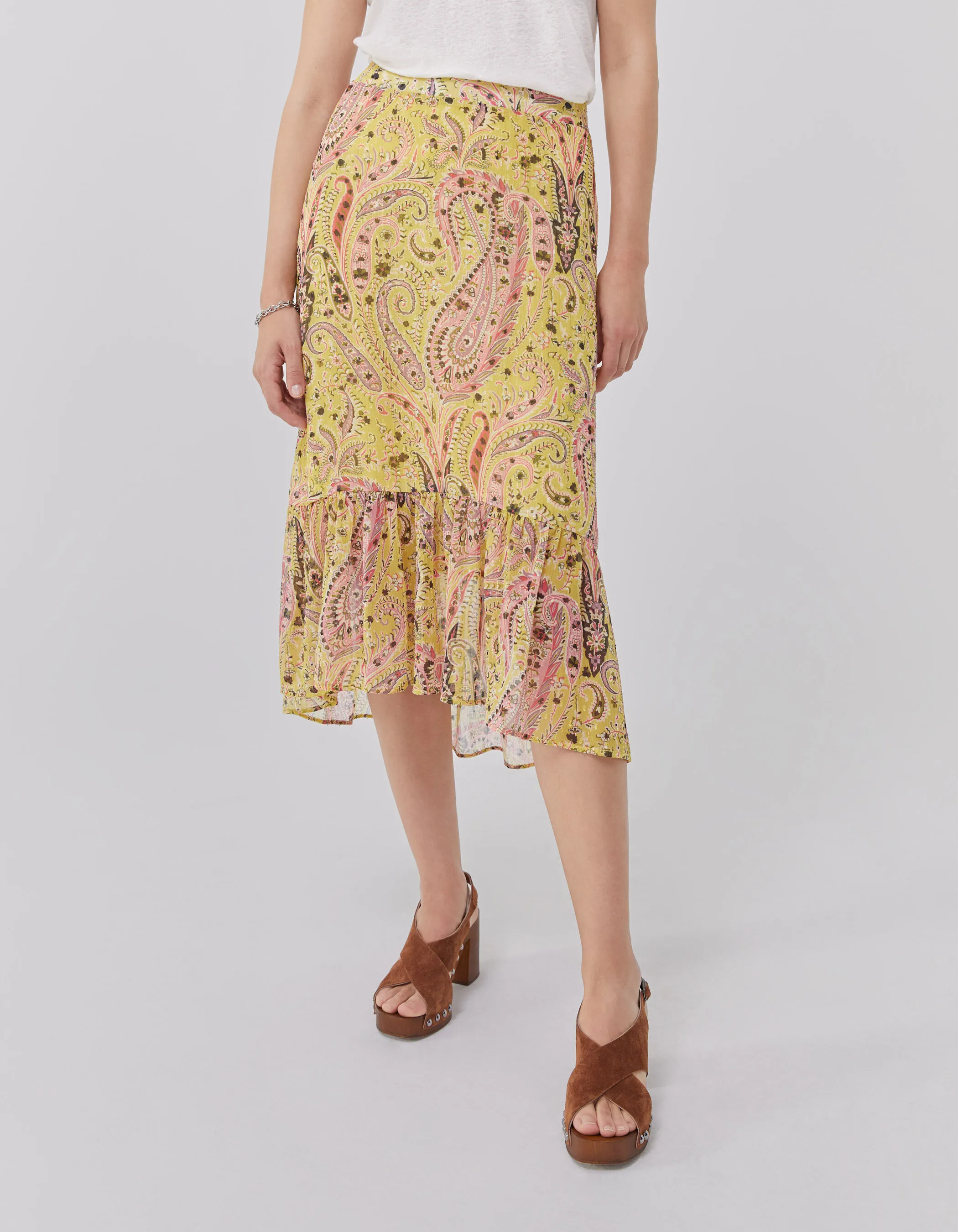 Yellow cashmere summer women's asymmetrical midi skirt.