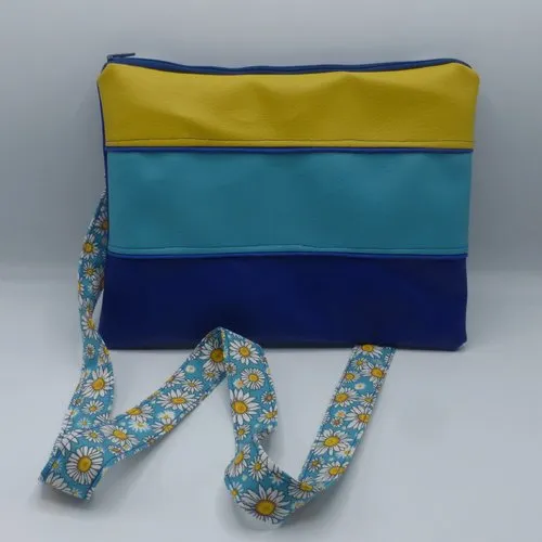 Large Blue and Yellow Striped Colorblock Cotton and Faux Leather Crossbody Bag with Floral Strap