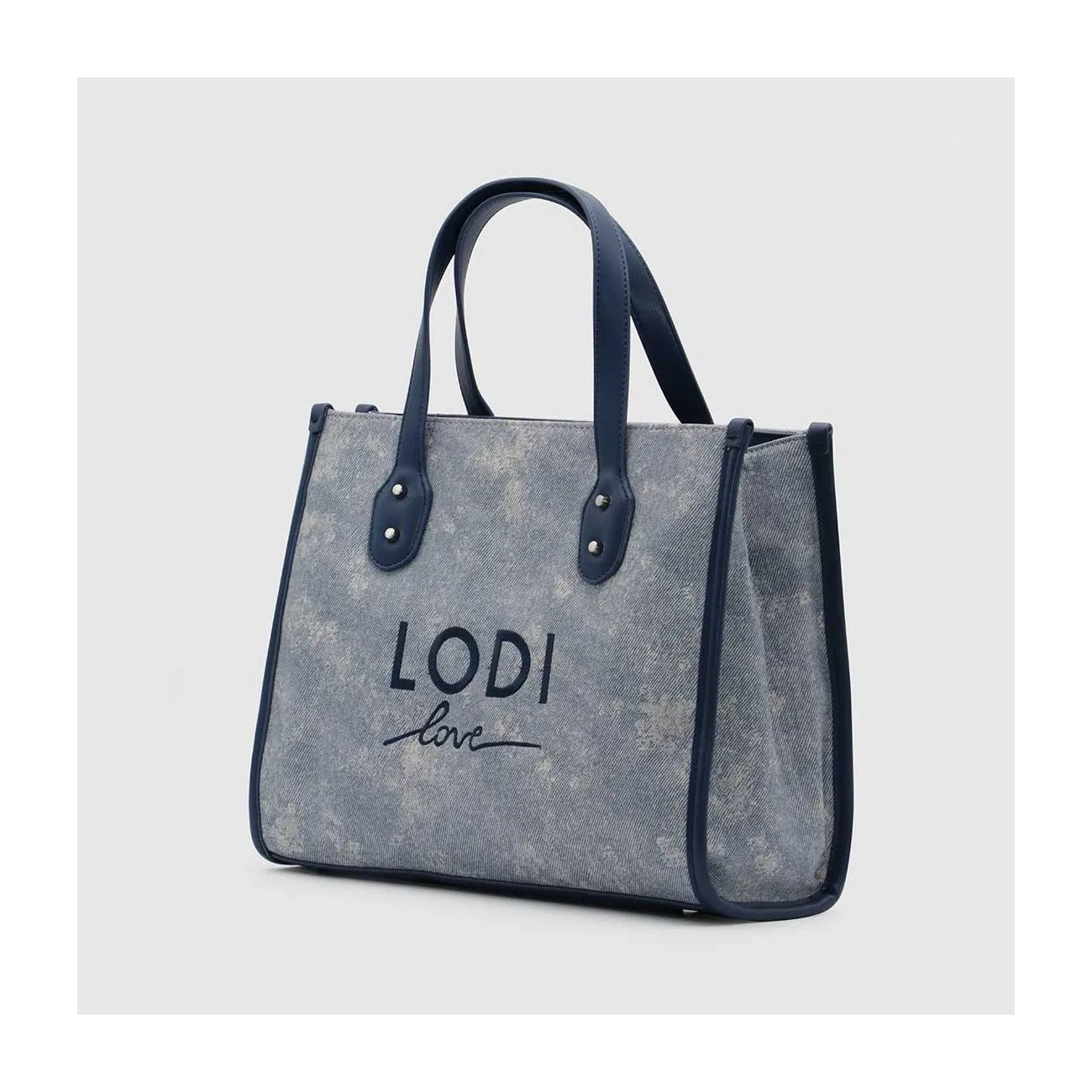 Large blue denim fabric tote bag. Women's I LODI bags online.
