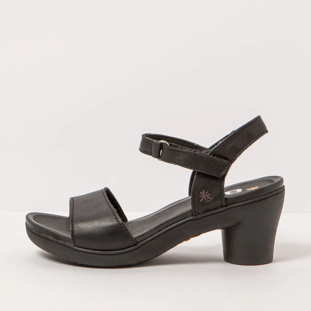 Leather Heeled Sandals with Velcro Strap - Black