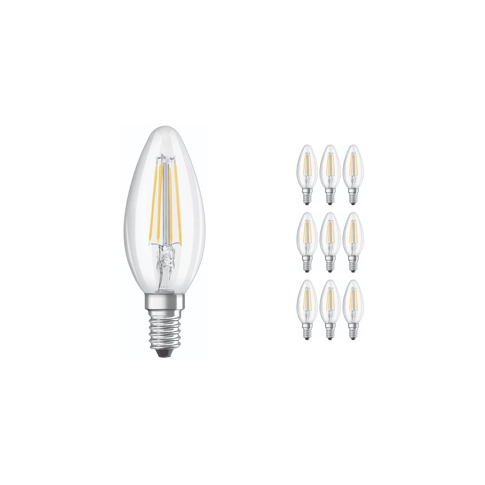 Lot 10x Ledvance CLASSIC LED E14 Bougie Filament Claire 4.8W 470lm - 827 Blanc Très Chaud | Dimmable - Équivalent 40W