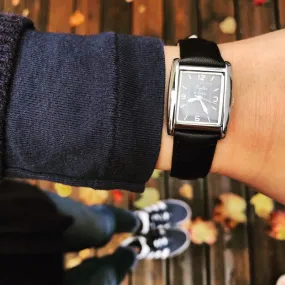 Water Green - Black Leather Rectangle Watch
