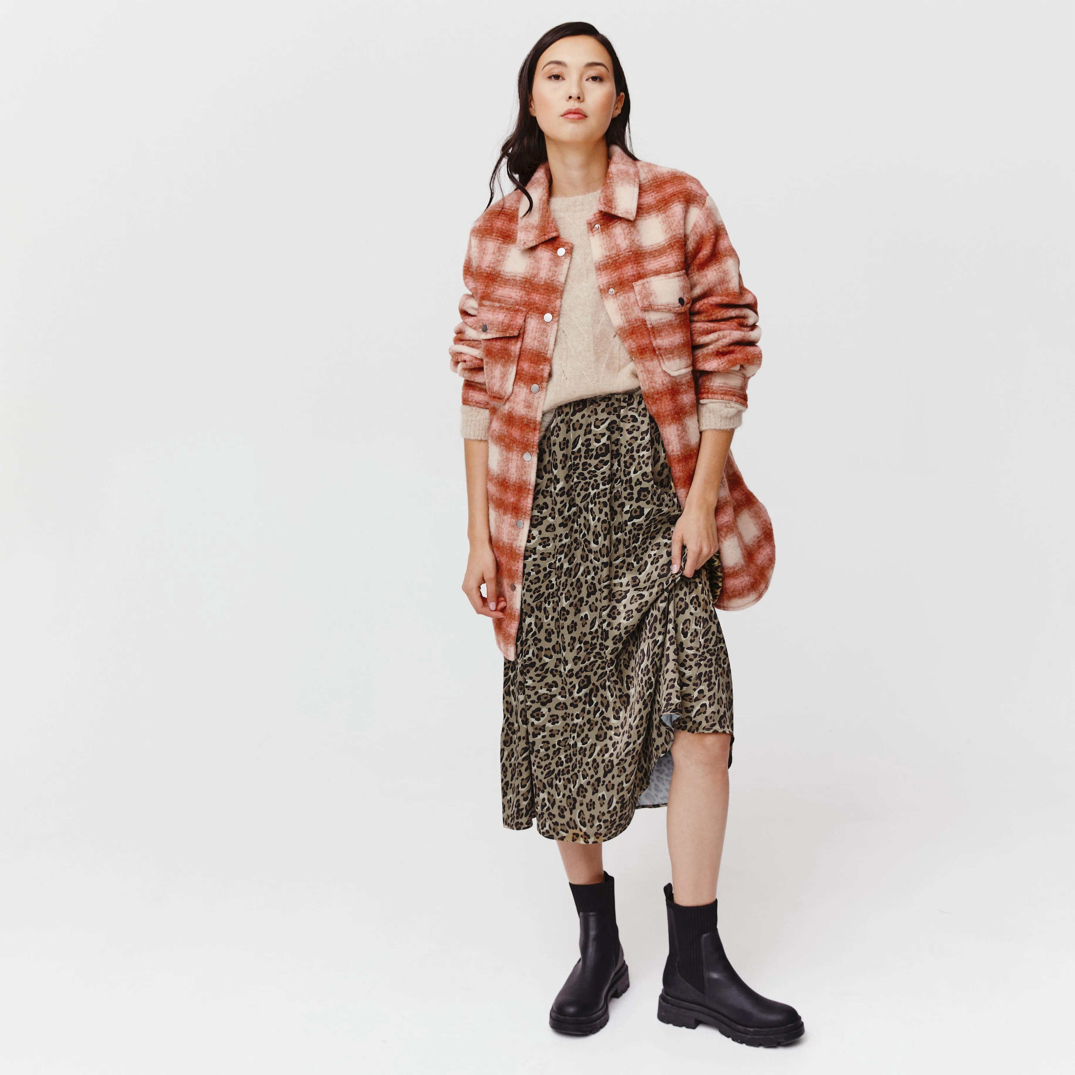 Midi Satin Dress for Women - Khaki Print