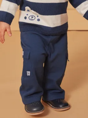 Blue cargo pocket comfort pants in navy.