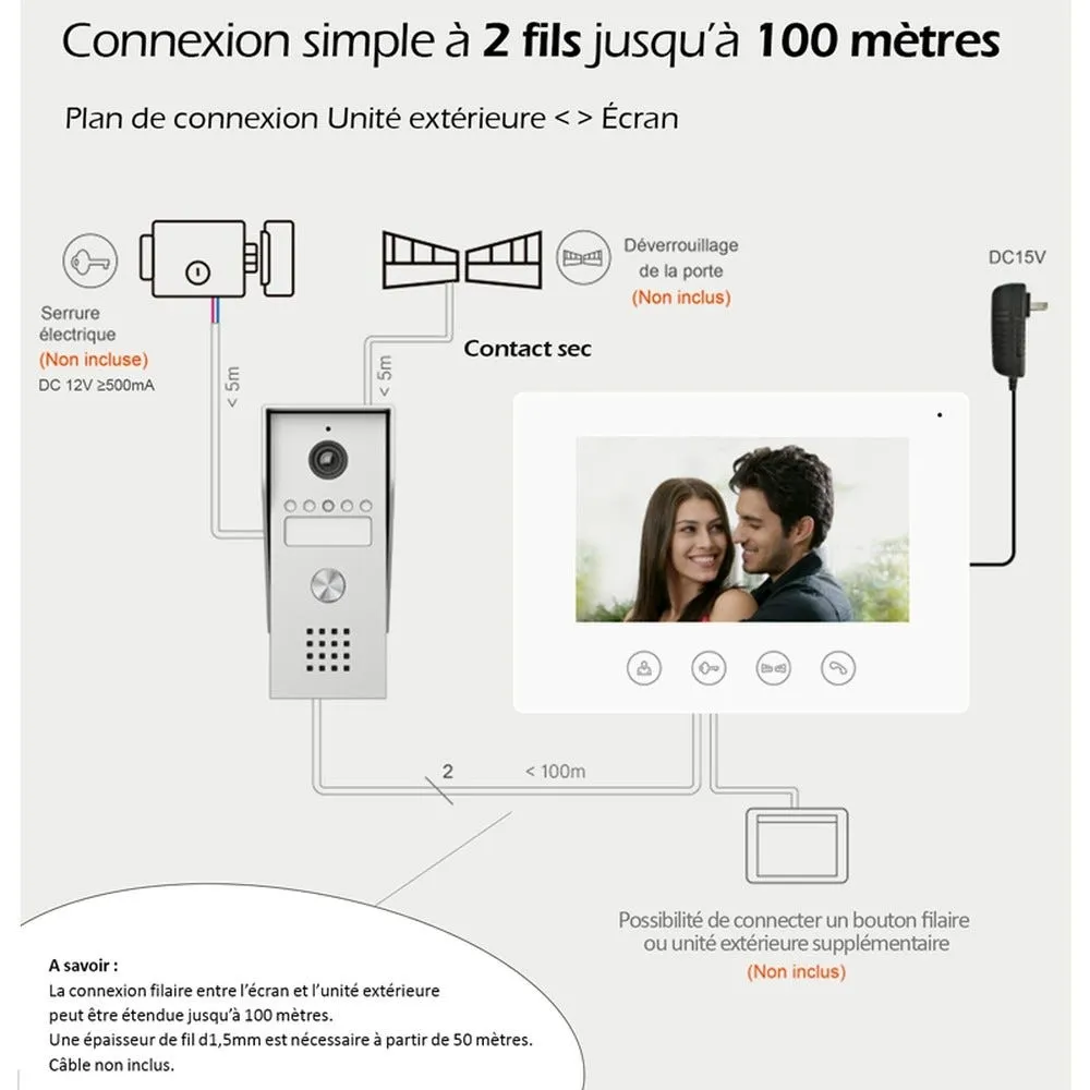 Portier vidéo filaire connecté wifi ecran tactile 7'' 2 fils