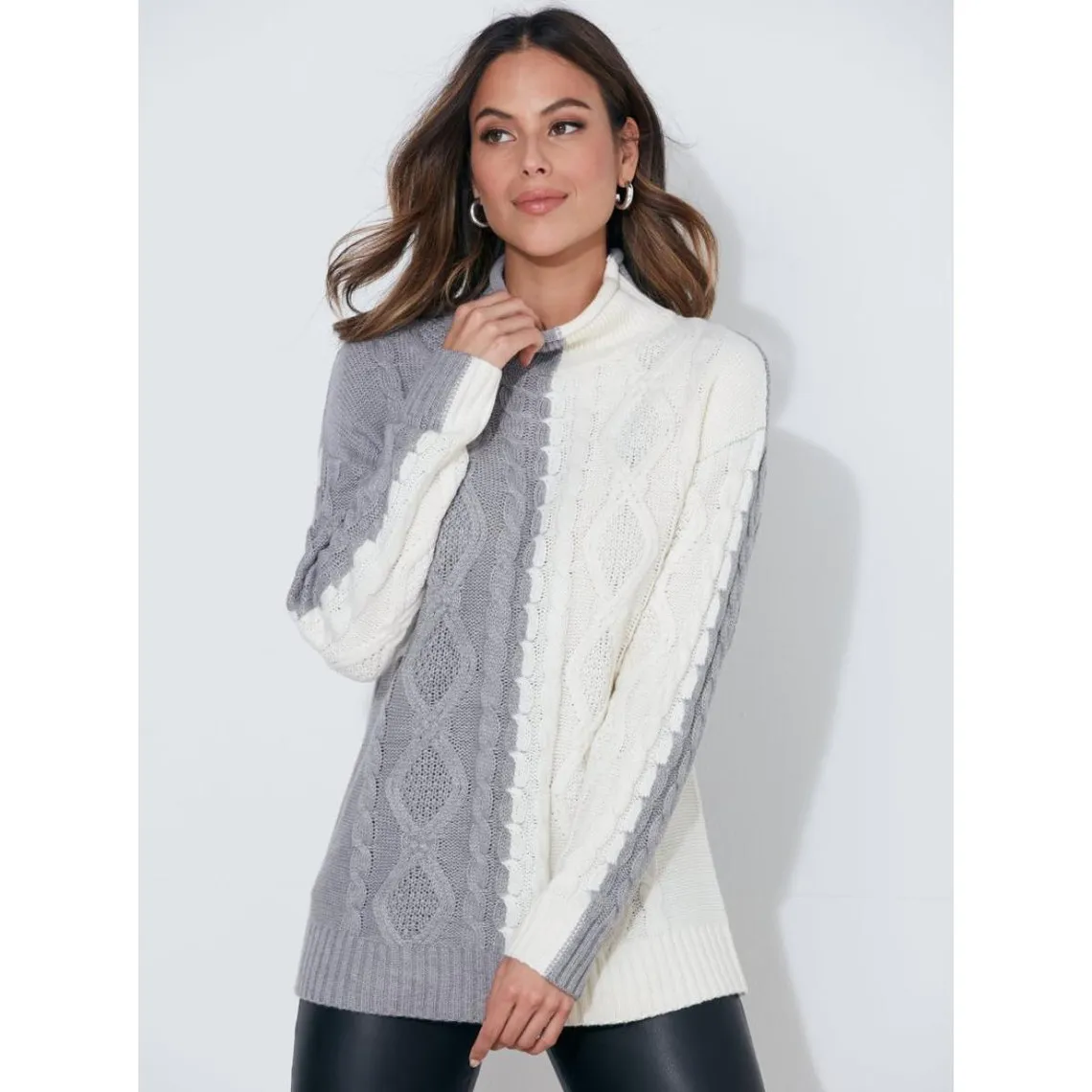 Pull en tricot bicolore avec galons sur le devant gris chiné | 3 Suisses