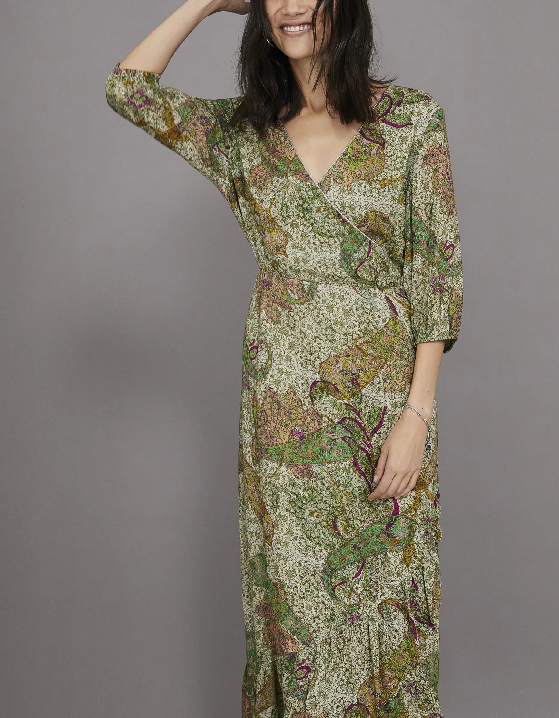 Cream Asymmetrical Cashmere Print Maxi Dress for Women