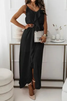 Black Strappy Long Dress with Ruffled Slit