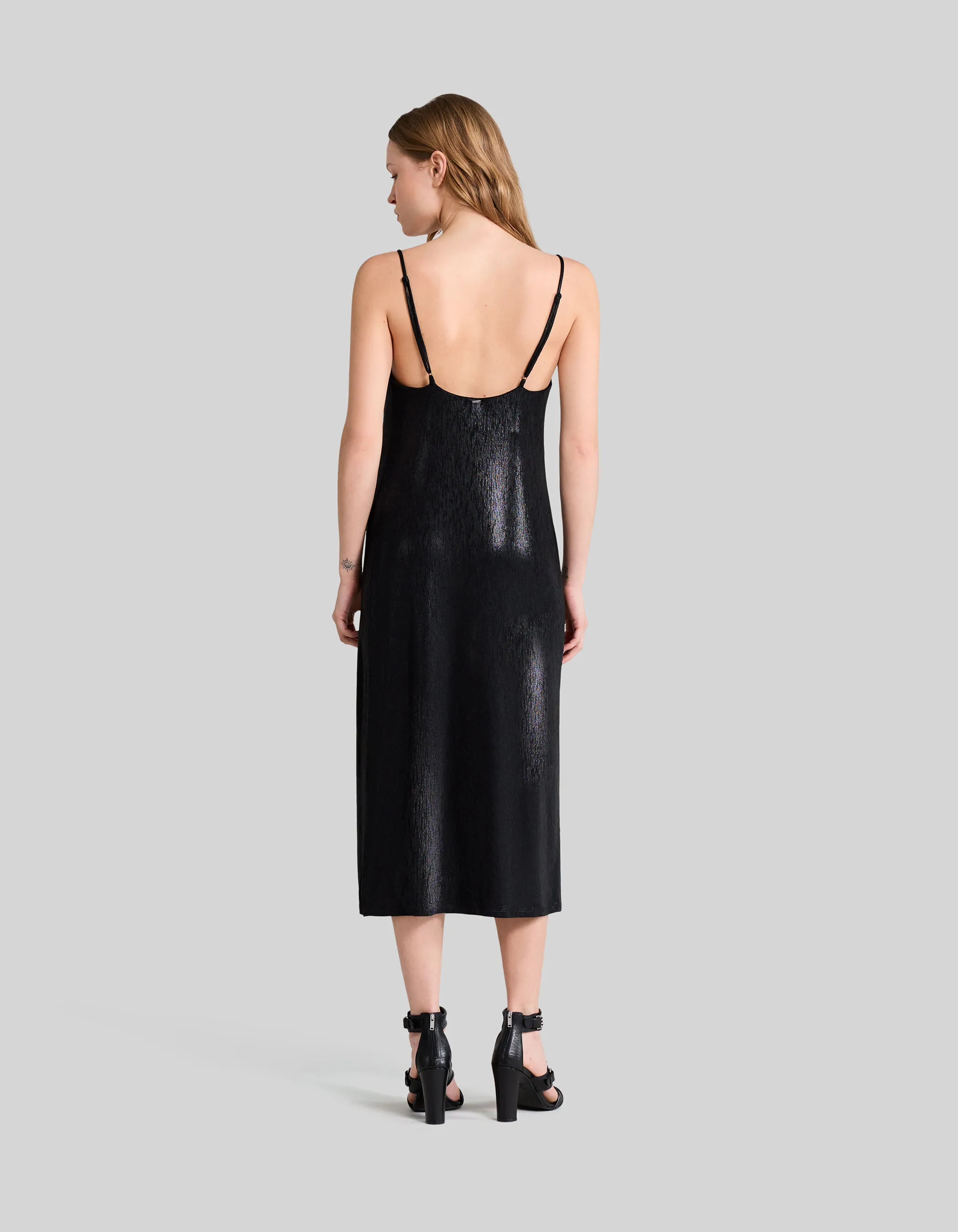 Robe midi noire lamée fines bretelles Femme