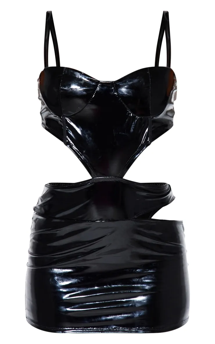 Black vinyl bodycon dress with cutout straps.