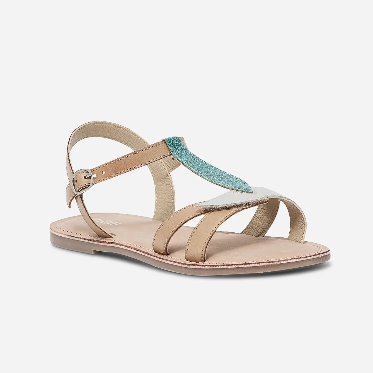 Camel Leather Sandals with Glittery Leaf Details - Children's Sandals | ERAM