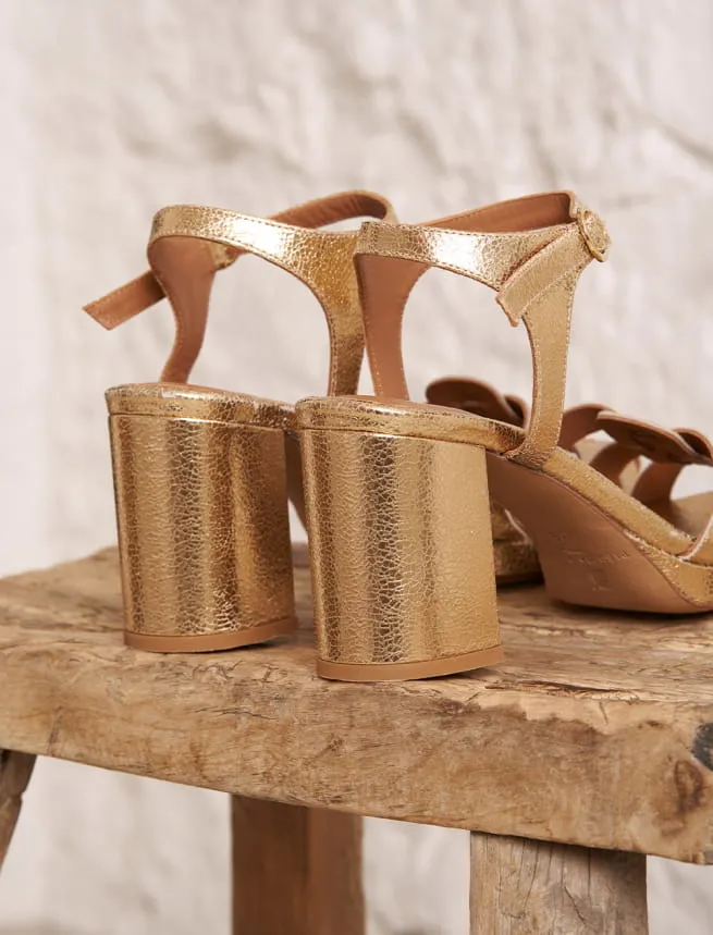 Sandales à Talons Hauts pour Femme en Veau Velours Doré craquelé - Modèle Célia