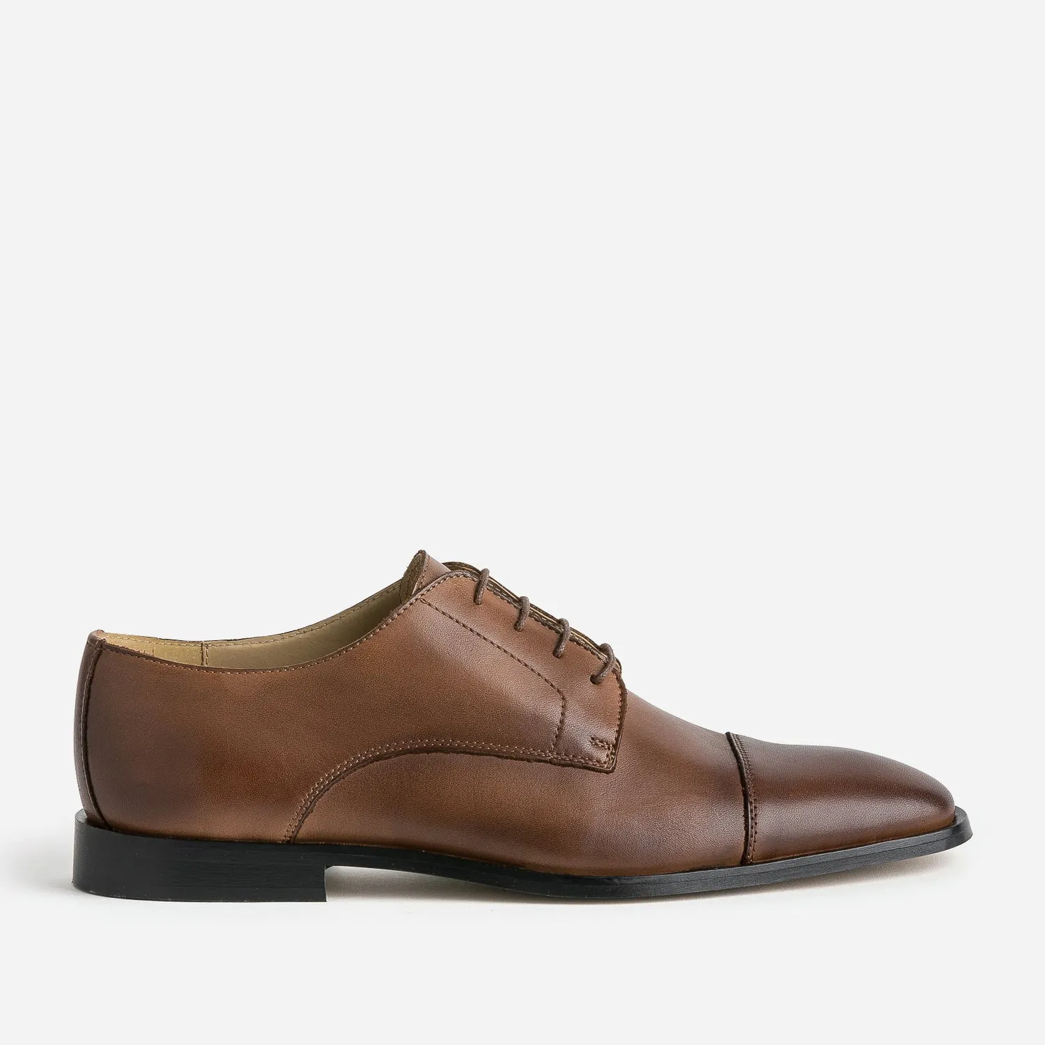 Straight Toe Cognac Leather Derby Shoes for Men