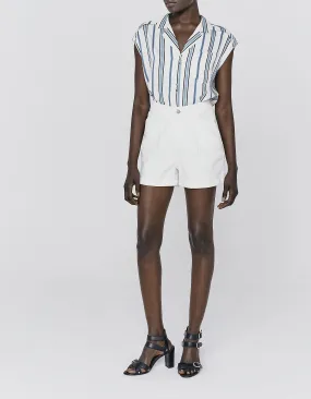 White cotton denim shorts with stitched details for women